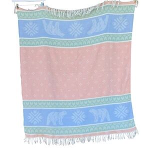 Vintage Fieldcrest Winter Theme Woven Blanket Polar Bear Snowflake Fringe Pastel
